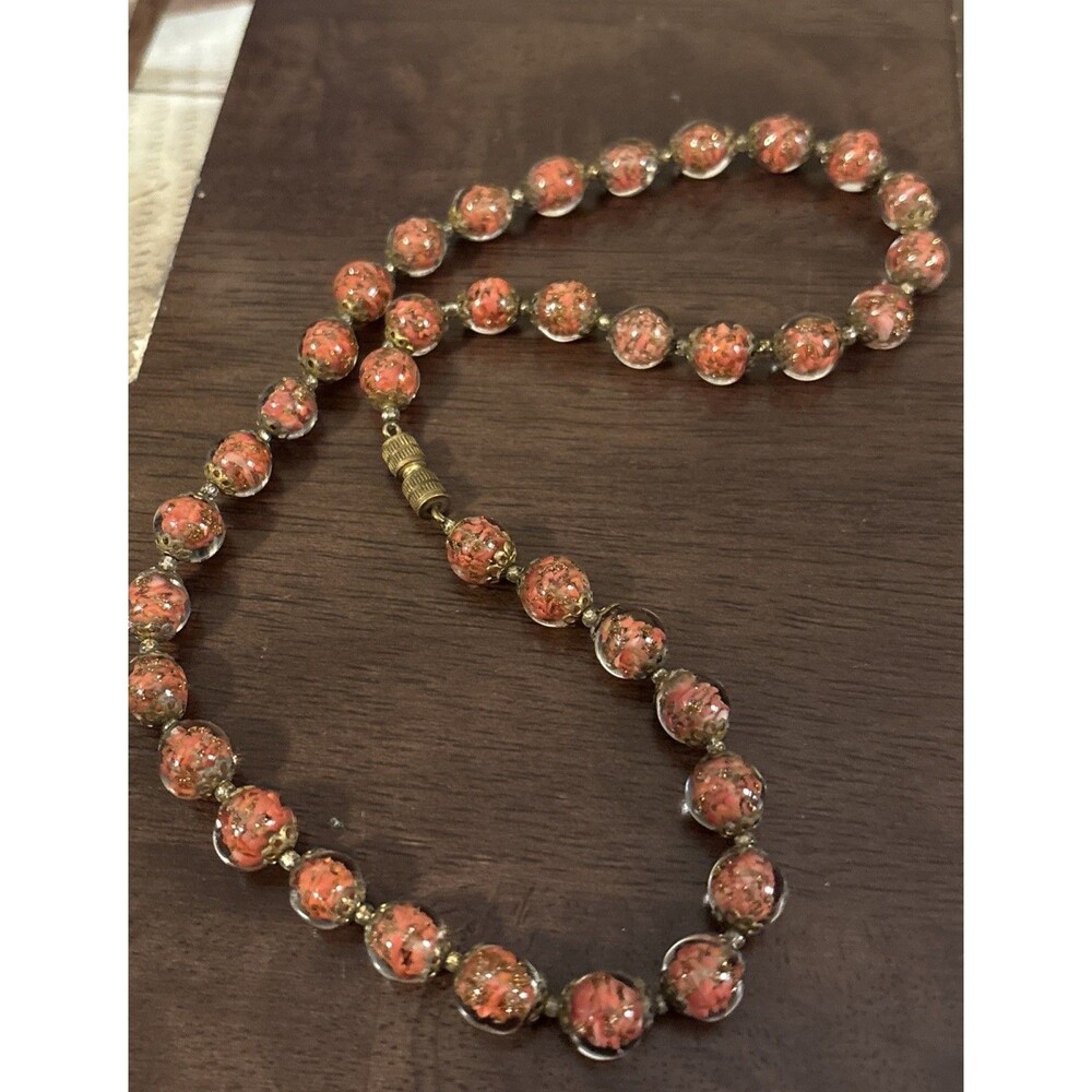 Vintage Venetian Murano Art Glass Bead Necklace Peach Aventurine Beads